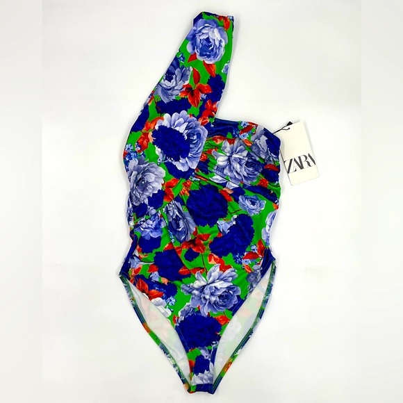 Zara Asymmetric Neckline Ruched Floral Bodysuit Blogger Fave Bold Vibrant Small - Picture 3 of 16